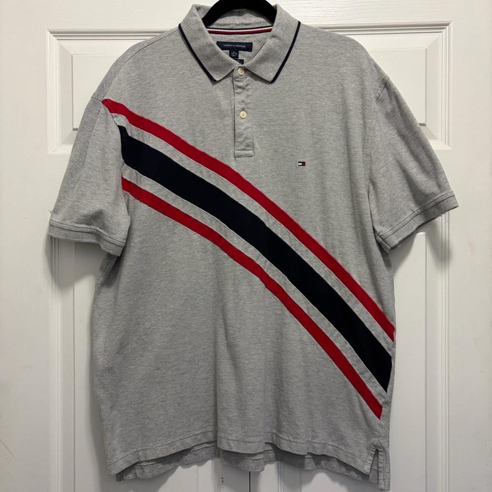 Tommy Hilfiger Gray Polo with Red and Navy Diagonal Stripes